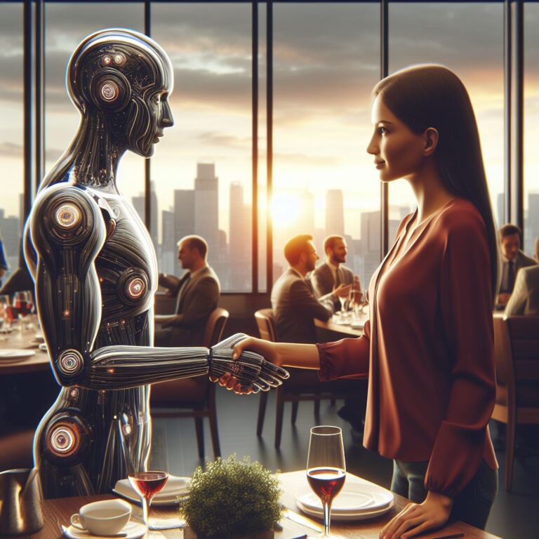 Human customer (female) shaking hands with a friendly humanoid robot in a modern, upscale restaurant.