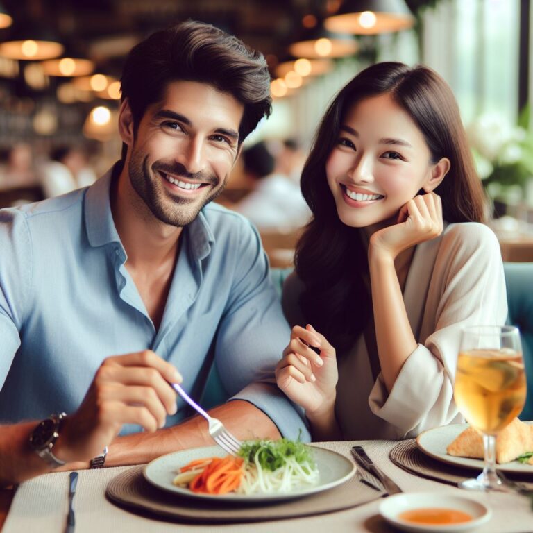 Smiling couple on a date at a restaurant, representing real-life connection in the digital dating age.