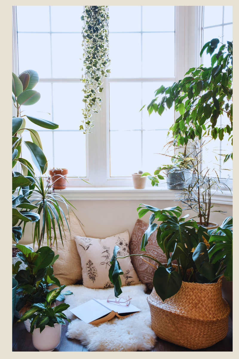 A cozy reading nook filled with green indoor plants, a soft faux-fur rug, pillows, and an open book by a sunlit window, creating a calming home sanctuary.