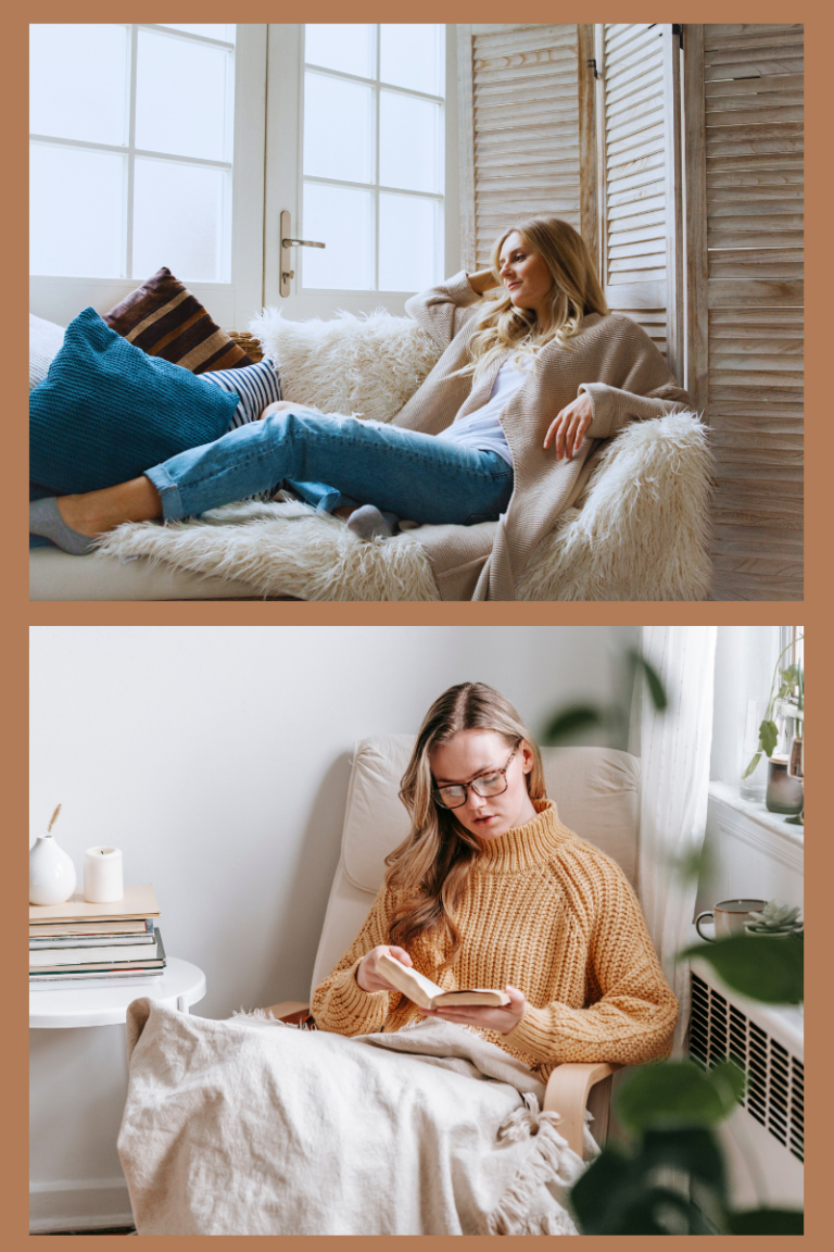 A woman relaxing on a fur-covered couch with cozy pillows and natural lighting, alongside another woman reading a book in a tranquil, minimalist home setting with warm décor, candles, and a knitted blanket—creating a peaceful and calming sanctuary.