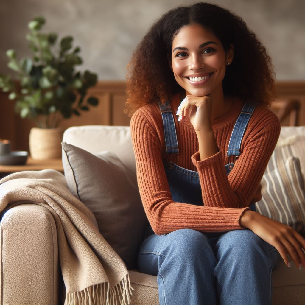 A woman smiles warmly after a hard day at work, as she sit on a comfortable couch in a living room with warm, natural colors. A neatly folded throw blanket rests on the armrest. A small potted plant sits on a side table.