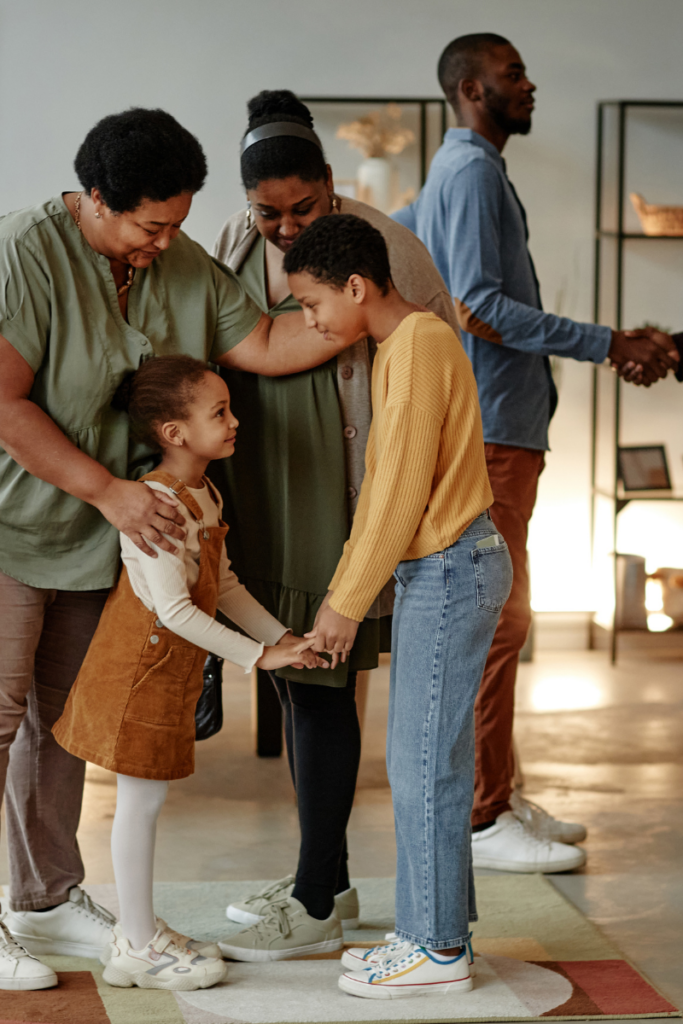 Building connections in a calming retreat: Families meet and children introduce themselves in a peaceful home sanctuary.