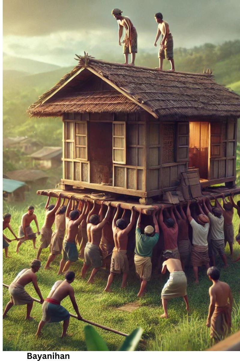 "Bayanihan scene in the Philippines, where Filipino men are carrying a traditional Nipa Hut in a rural community."