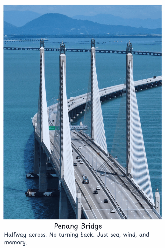 Aerial view of Penang Bridge stretching across the sea from George Town to Butterworth – part of a Penang visa run travel story