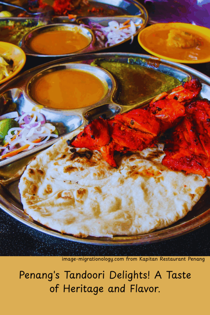 Tandoori chicken and naan on a traditional stainless steel thali plate served at Kapitan Restaurant in George Town, Penang—part of a Penang visa run travel story.