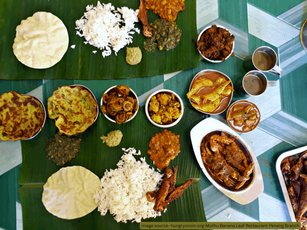 Traditional banana leaf meal at Muthu Banana Leaf Restaurant in George Town, Penang – a visual from a penang visa run travel story