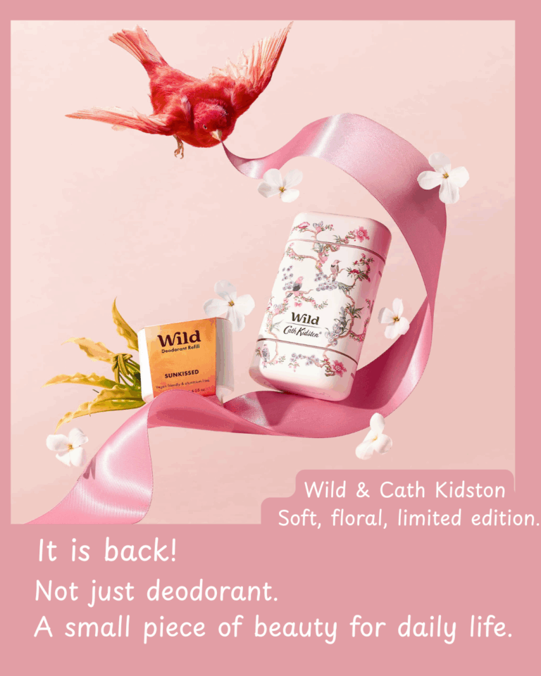 Wild refillable deodorant in a floral Cath Kidston case with refill, styled on a pink background with a ribbon and flowers.