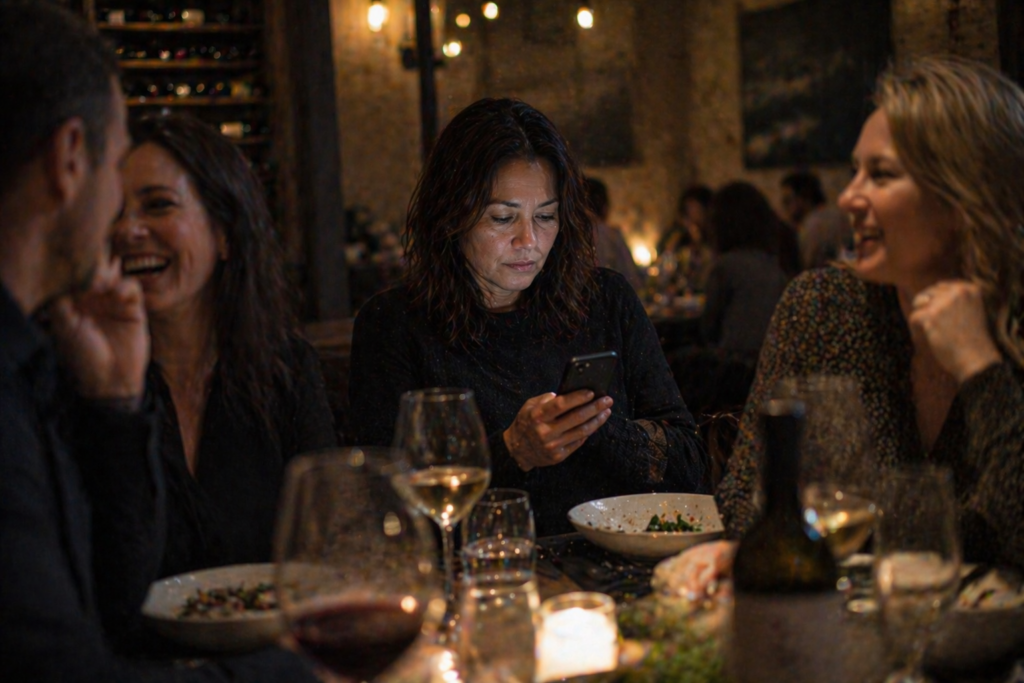 A woman staring at a glowing smartphone at a dinner table while friends laugh in the background, illustrating screen time awareness and the reality of social media addiction for Gen X.