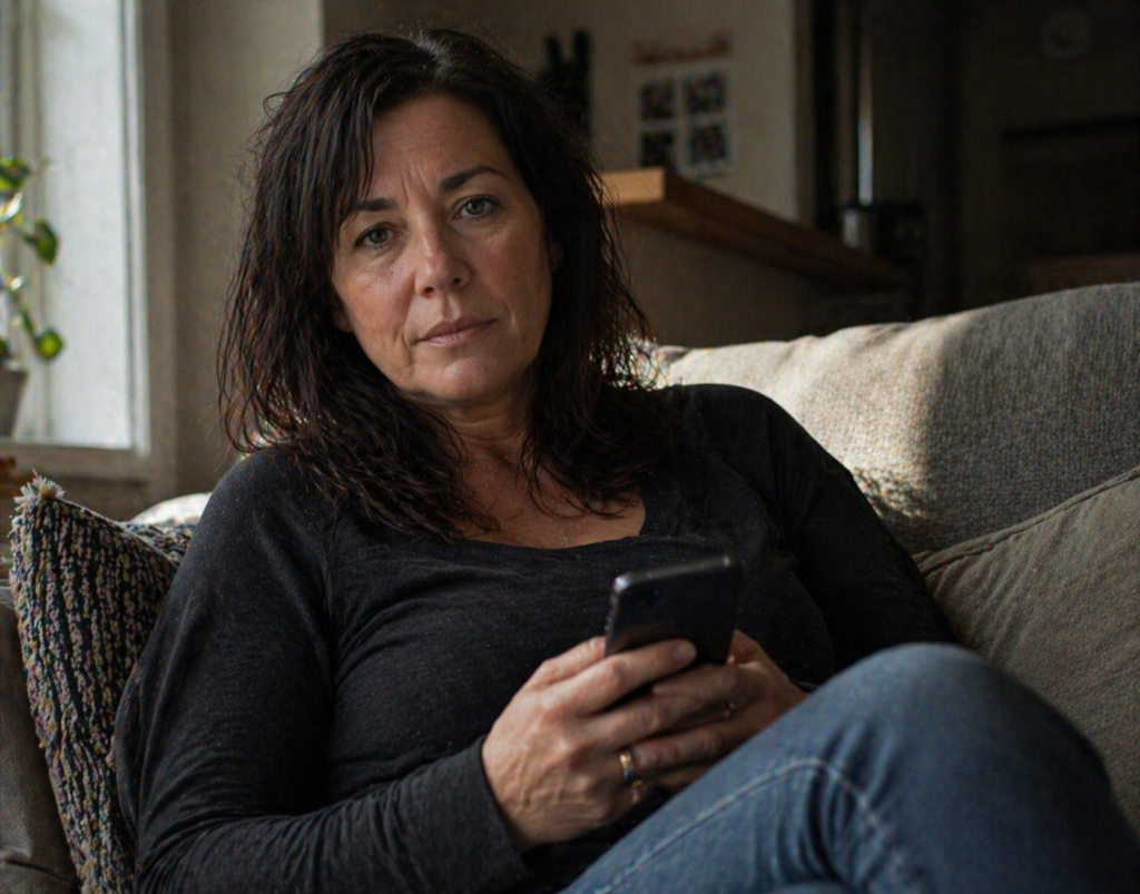 A solemn, natural-looking Gen X woman, maybe mid-40s, sitting on a couch, holding a smartphone and looking directly at the camera with an honest, weary expression, illustrating personal realization, social media addiction, and the decision for a digital detox.